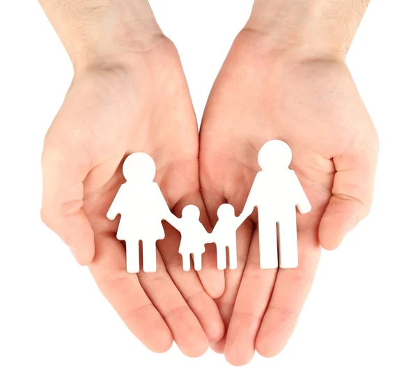 Mains féminines avec famille de papier isolé sur blanc — Photo