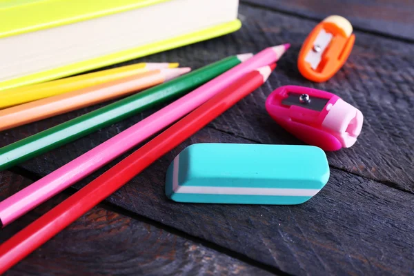 Colorful stationery on wooden table, closeup — Stock Photo, Image