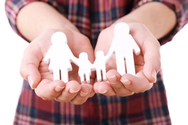 Female hands with model of family isolated on white — Stock Photo, Image
