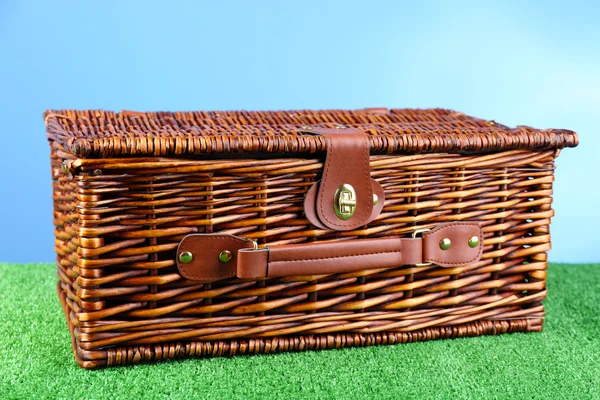 Wiklinowy kosz piknikowy na zielonej trawie na niebieskim tle — Zdjęcie stockowe