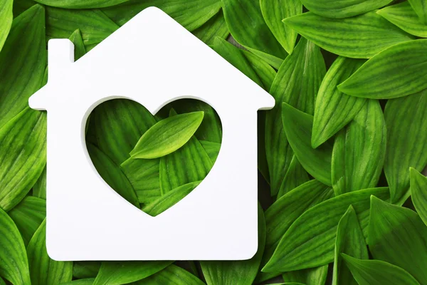 Wooden house on green leaves — Stock Photo, Image