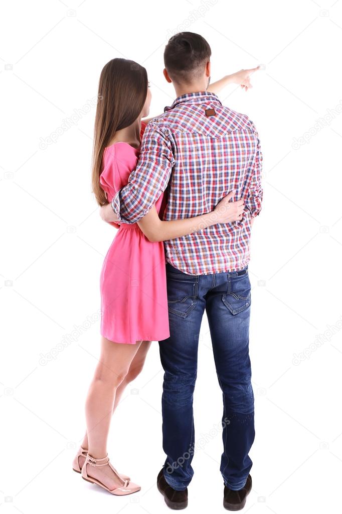 Back view of young couple isolated on white