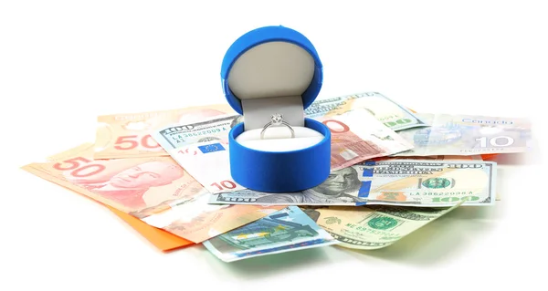 Ring in box and money, isolated on white — Stock Photo, Image