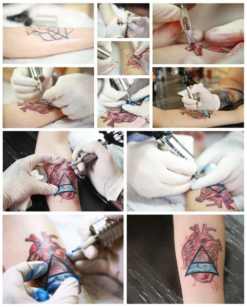 Collage de artista del tatuaje en el trabajo —  Fotos de Stock