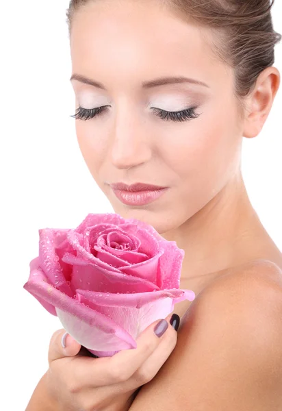 Belle jeune femme tenant grande fleur rose isolée sur blanc — Photo