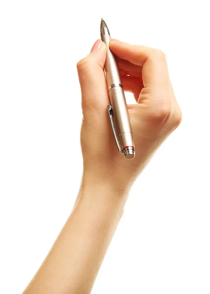 Main féminine avec stylo isolé sur blanc — Photo