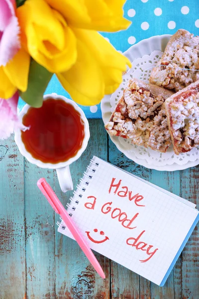 Komposition mit Guten Morgen Draufsicht auf Holzgrund — Stockfoto