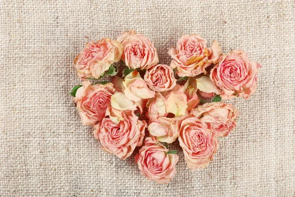 Coração de belas flores secas no fundo saco — Fotografia de Stock