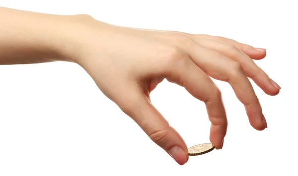 Main féminine avec pièce de monnaie — Photo