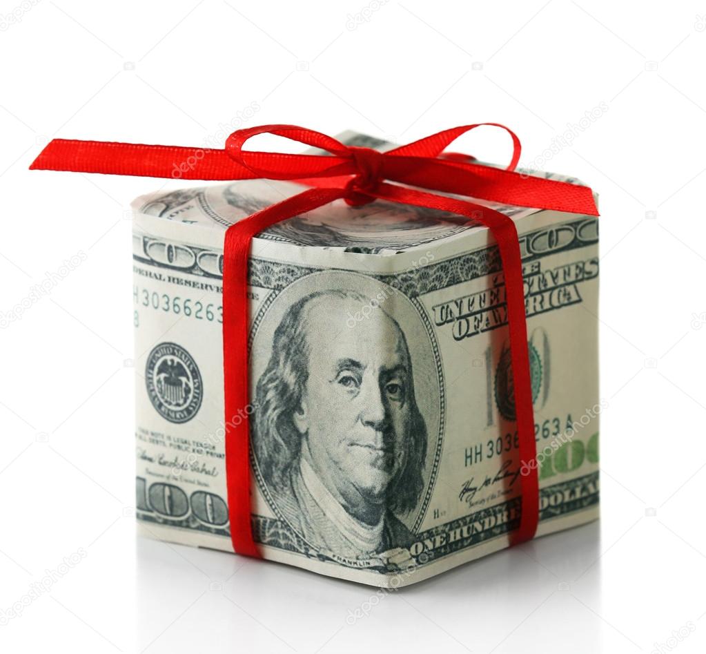 Dollar gift box with bow isolated on white