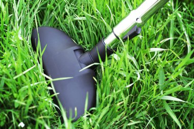 Elektrikli süpürge eylem - temiz halı çok yeşil çim metal boru. Ekoloji kavramı 