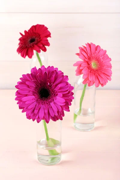 Belas gerberas brilhantes em vasos de vidro em fundo de madeira — Fotografia de Stock