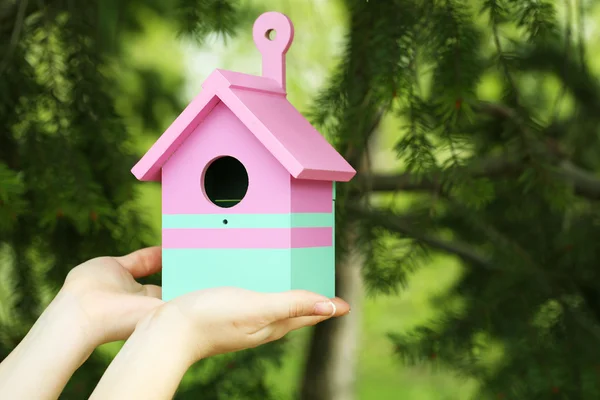 Caja de anidación decorativa en manos femeninas — Foto de Stock