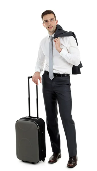 Man holding suitcase isolated on white — Stock Photo, Image