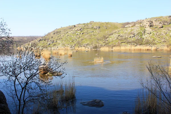 Jarní krajina s řekou, kameny a stromy Stock Snímky