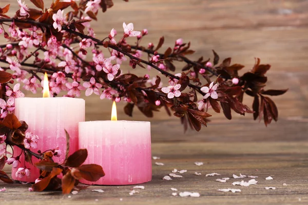 Bodegón Spa con ramas florecientes sobre fondo de madera — Foto de Stock