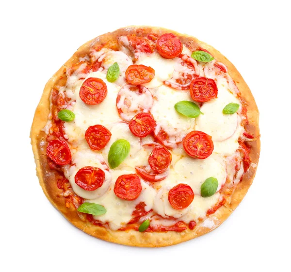 Heerlijke pizza met kaas en cherry tomaten geïsoleerd op wit — Stockfoto