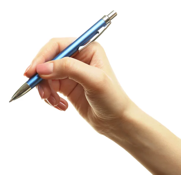 Vrouwelijke hand met pen geïsoleerd op wit — Stockfoto