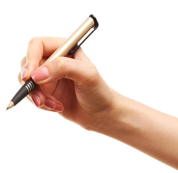 Vrouwelijke hand met pen geïsoleerd op wit — Stockfoto