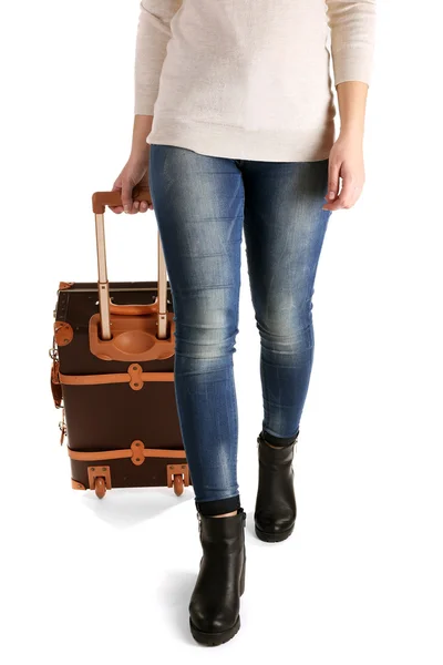 Frau mit Koffer isoliert auf weißem Grund — Stockfoto