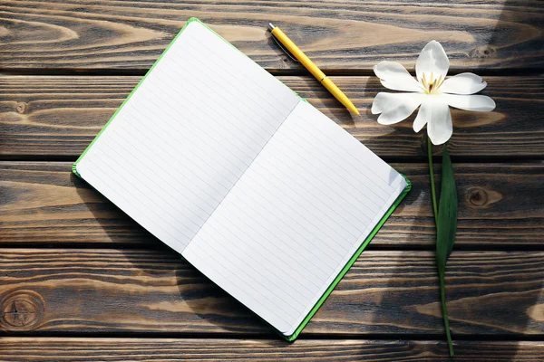 Notizbuch mit Stift und weißer Tulpe — Stockfoto