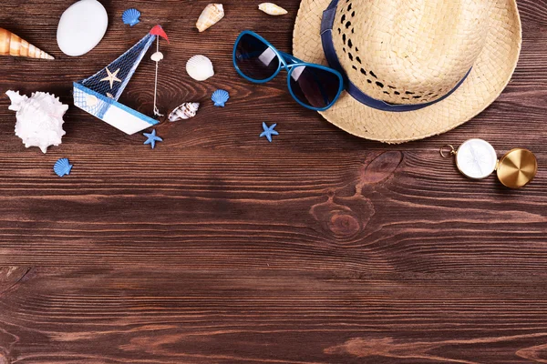 Travel accessories on wooden background — Stock Photo, Image