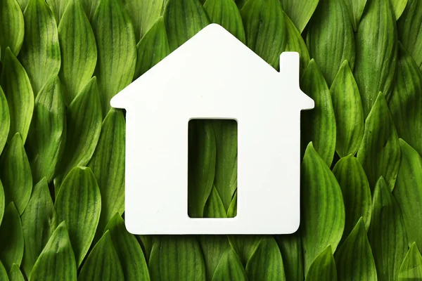 Wooden house on green leaves background — Stock Photo, Image