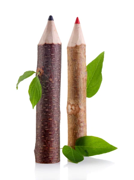 Crayons en bois avec feuille isolée sur blanc — Photo