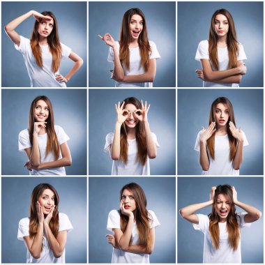 Gri arka plan üzerinde duygusal kız kolaj