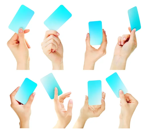 Collage van handen met visitekaartje, geïsoleerd op wit — Stockfoto