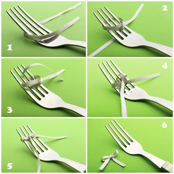 Stages of tying bow on fork — Stock Photo, Image