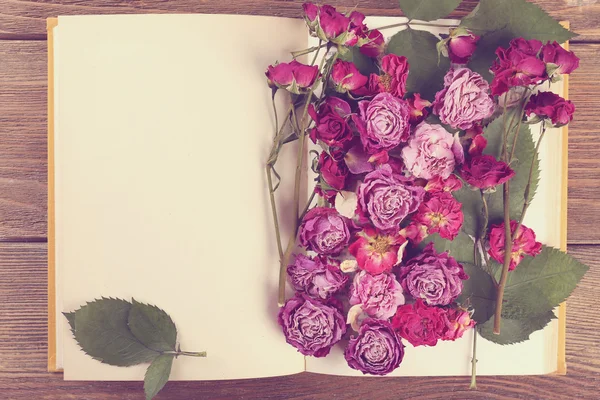 Gedroogde rozen met boek — Stockfoto