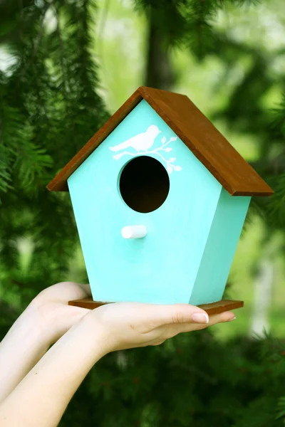 Decorative nesting box in female hands on bright background — Stock Photo, Image