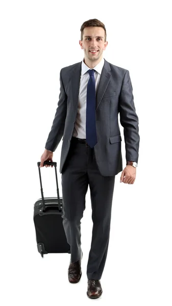 Man holding suitcase isolated on white — Stock Photo, Image