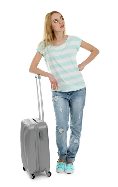 Frau mit Koffer, isoliert auf weiß — Stockfoto