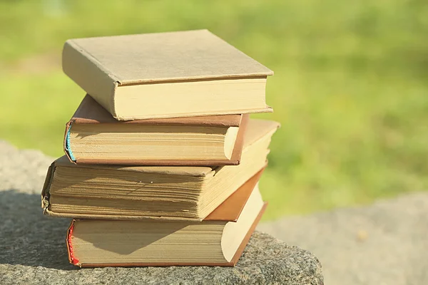 Stack of books outdoors, on blurred background — Stock Photo, Image