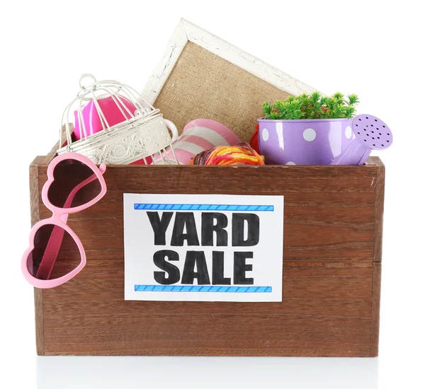 Box of unwanted stuff ready for yard sale — Stock Photo, Image