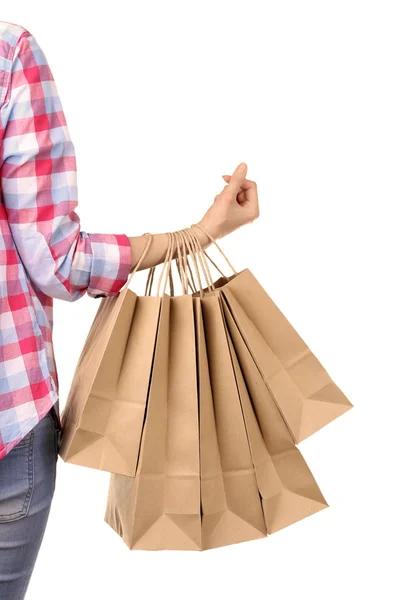 Woman holding paper shopping bags — Stock Photo, Image