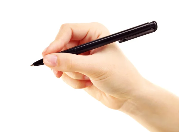 Vrouwelijke hand met pen geïsoleerd op wit Stockfoto