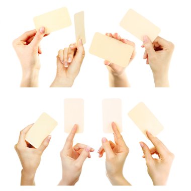Collage of hands holding business card, isolated on white clipart