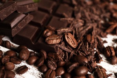 Dark chocolate with coffee grains, closeup