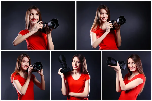 Collage of young female photographer on dark background — Stock Photo, Image