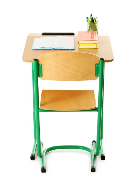 Wooden desk with stationery and chair — Stock Photo, Image