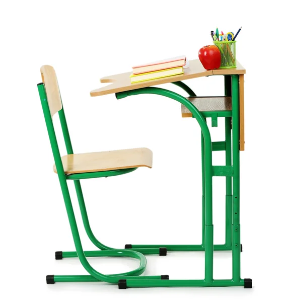 Wooden desk with stationery and chair — Stock Photo, Image