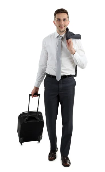 Man holding suitcase isolated on white — Stock Photo, Image