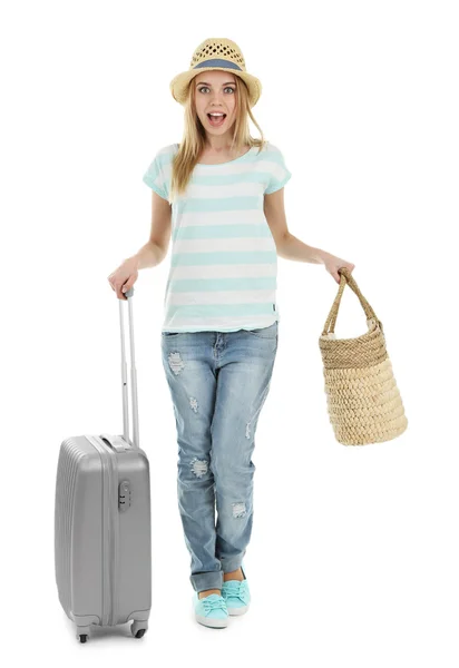 Жінка тримає валізу, ізольована на білому — стокове фото