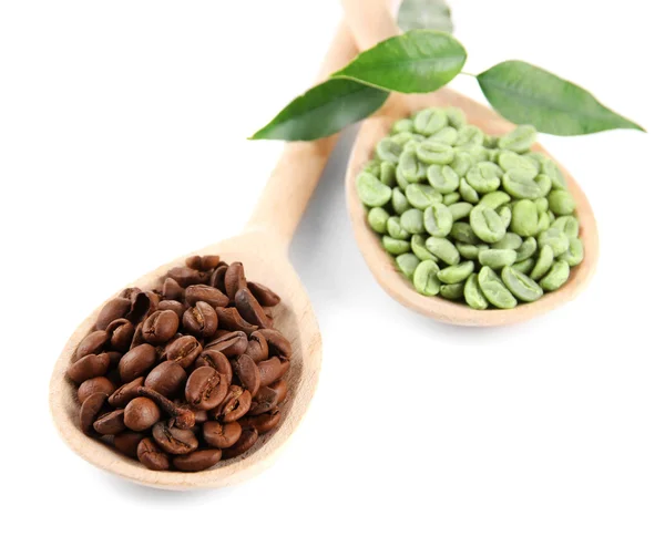 Green and brown coffee beans in wooden spoons and leaves isolated on white — Stock Photo, Image