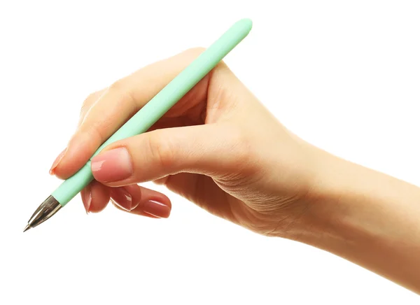 Weibliche Hand mit Stift isoliert auf weiß — Stockfoto