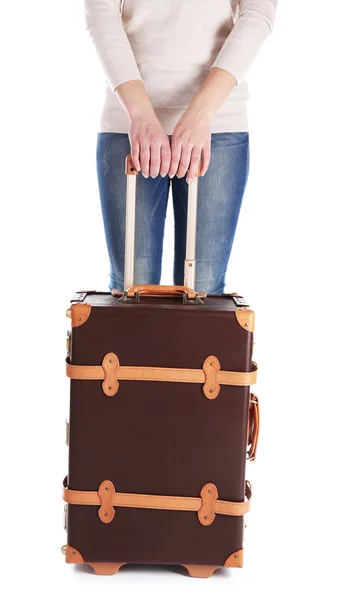 Woman with suitcase isolated on white — Stock Photo, Image