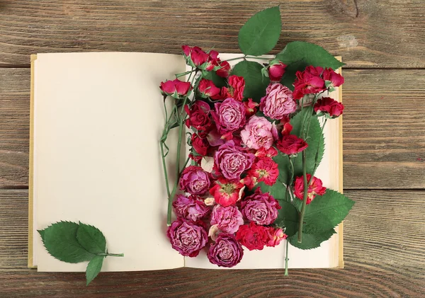 Dried roses with book — Stock Photo, Image